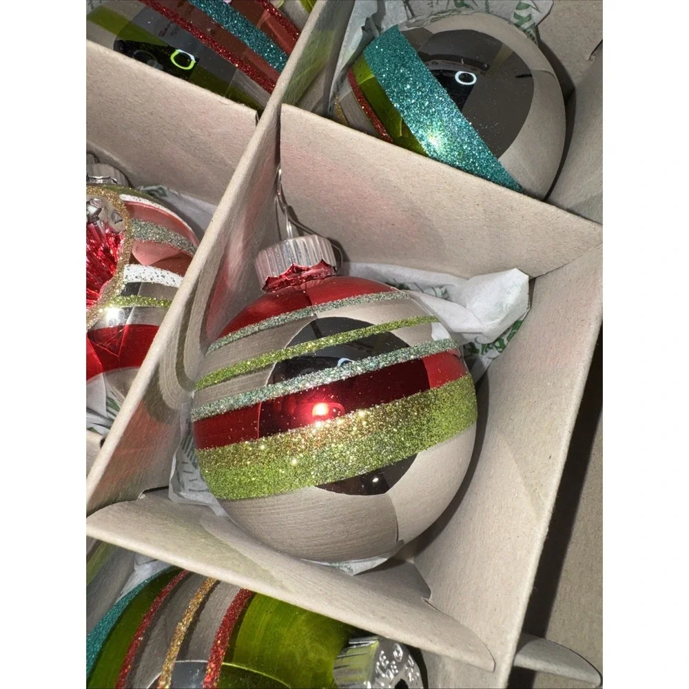 Christopher Radko SHINY BRITE Glass Ornaments Set of 9 Indents‎ Bells Striped